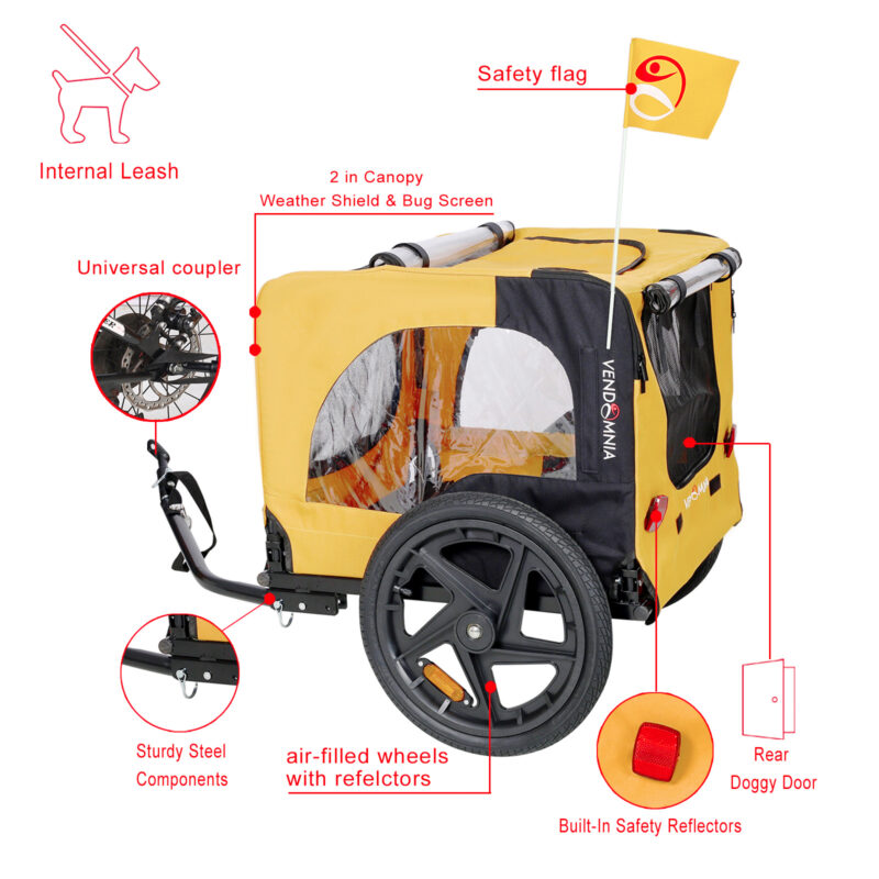 Yellow Outdoor Heavy Duty Foldable Practical Pet Stroller Dog Carrier With Bicycle Tow - Image 2