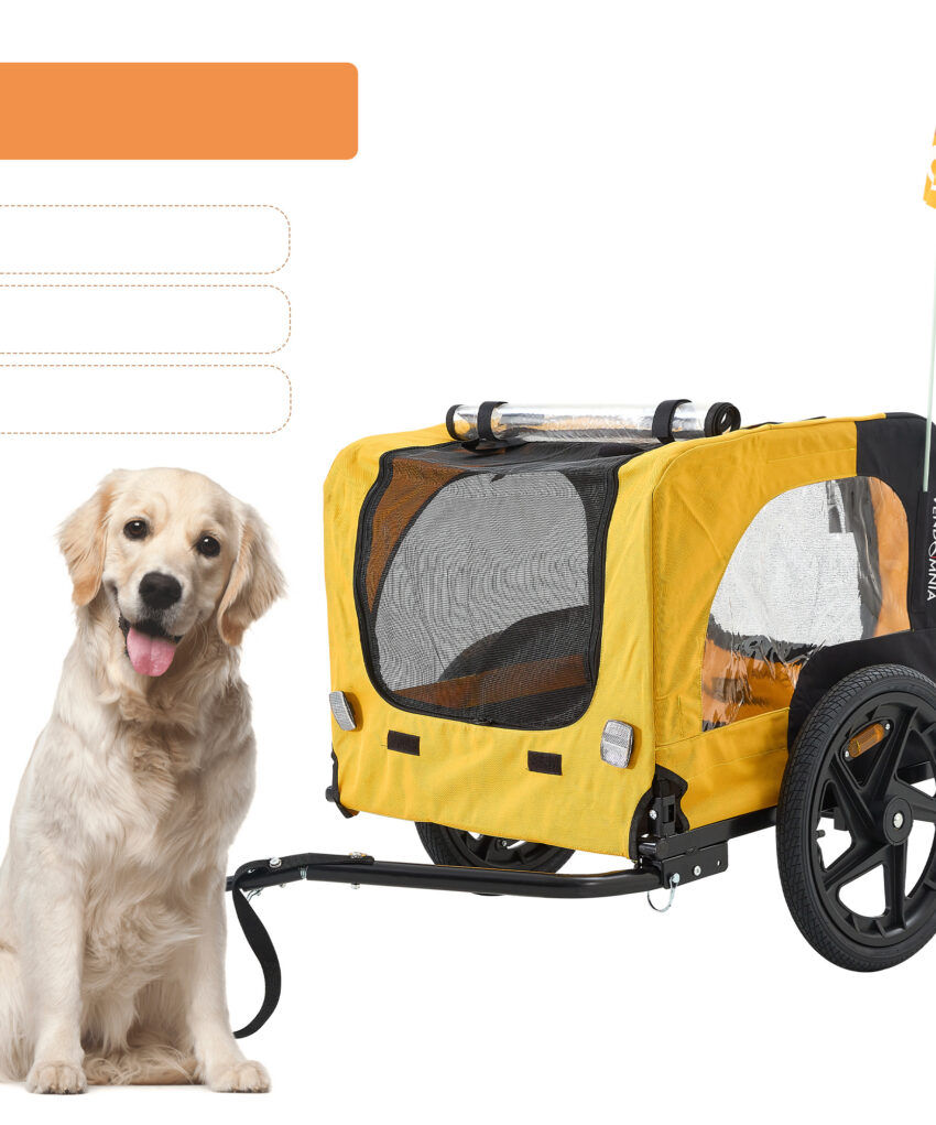 Yellow Outdoor Heavy Duty Foldable Practical Pet Stroller Dog Carrier With Bicycle Tow